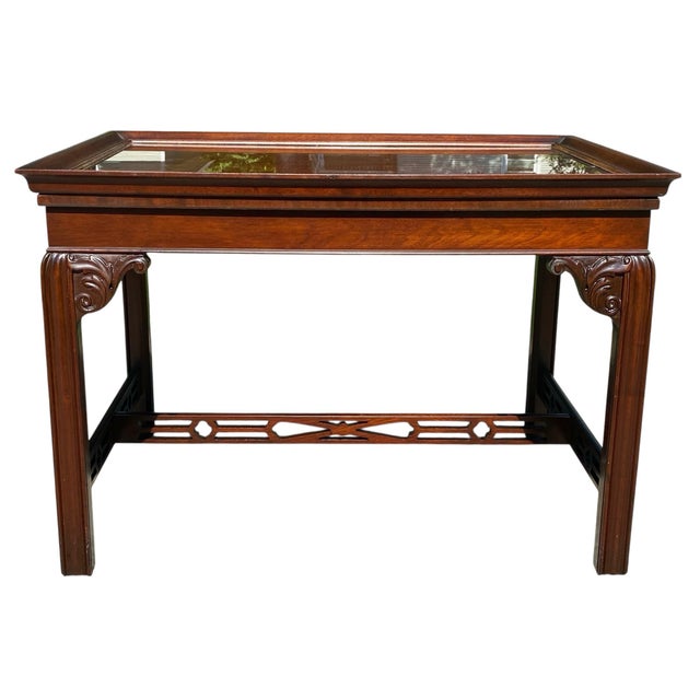 Mid 20th Century Mahogany Chippendale Style Butlers Coffee Table With Glass Top Serving Tray For Sale - Image 10 of 12