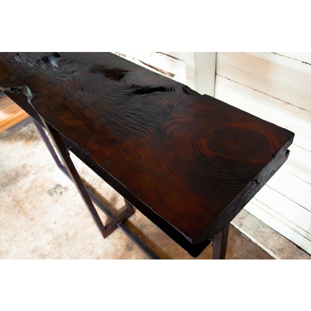 2020s Artisan Made Organic Modern Shou Sugi Ban Long-Leaf Pine Welded Metal Console For Sale - Image 5 of 12