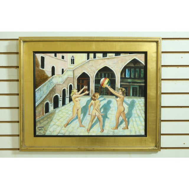 Gold "The Three Graces" Nudes Playing Ball Framed Oil Painting on Canvas For Sale - Image 8 of 8