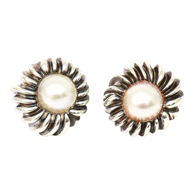 Vintage Tiffany and Co. Sterling Silver and Mabe Pearl Pierced Lever Back Earrings Pair of 70's For Sale