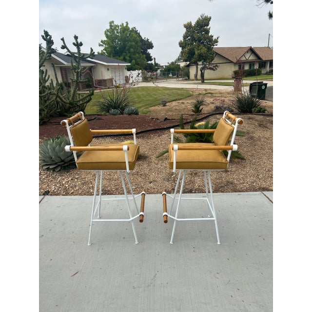 1960s 1960s Vintage Mid Century Modern Inca Attributed to Cleo Baldon Swivel Wrought Iron Oak Barstools - Set of 2 For Sale - Image 5 of 13