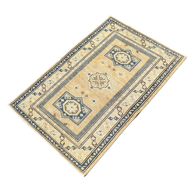 Apricot 3x5 Antique-Style Apricot & Blue Medallion Rug, Ariana Hazara Caucasian Design For Sale - Image 8 of 8