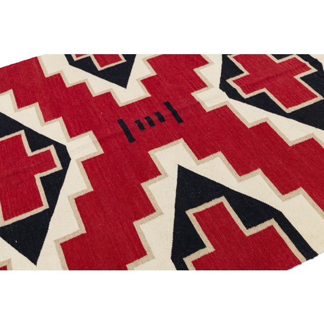 6x9 Handmade Modern Navajo Style Wool Rug - Vibrant Red Geometric Design For Sale - Image 4 of 10