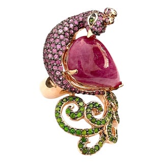 Bochic "Orient" Vintage Emerald Ruby & Pink Sapphire Ring - 18K Gold & Silver For Sale