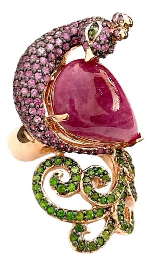 Bochic "Orient" Vintage Emerald Ruby & Pink Sapphire Ring - 18K Gold & Silver