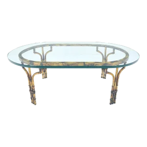 Faux Metal Bamboo Base Racetrack Oval 3/4" Thick Glass Top Coffee Table