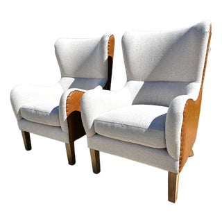Lillian August Style Wingback Chairs, Pair – Oatmeal Beige Mistral Upholstery, Diamond-Stitched Faux Leather, Nailhead Trim For Sale