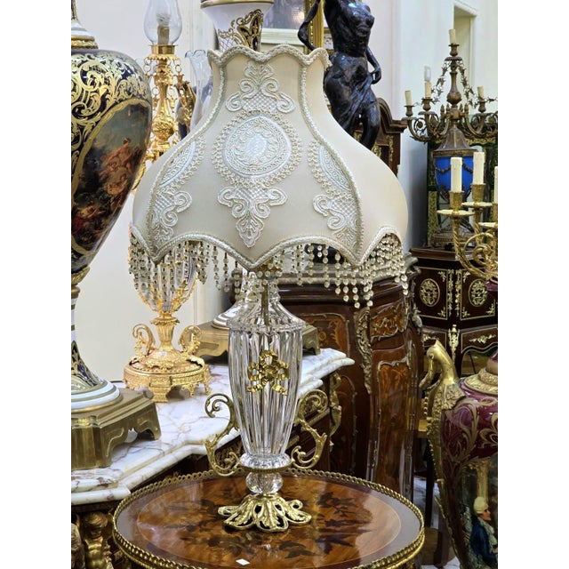 2000 - 2009 French Crystal Beige Table Lamp – Ornate Gold Leaf Base For Sale - Image 5 of 6