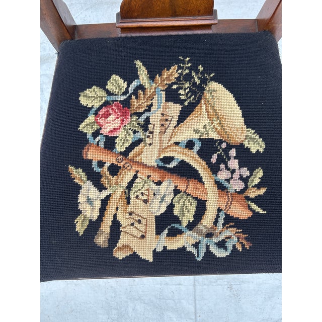 Vintage Henkel Harris Musical Instrument Needlepoint Seat Queen Anne Solid Wood Dining Chairs S/4 For Sale - Image 10 of 13