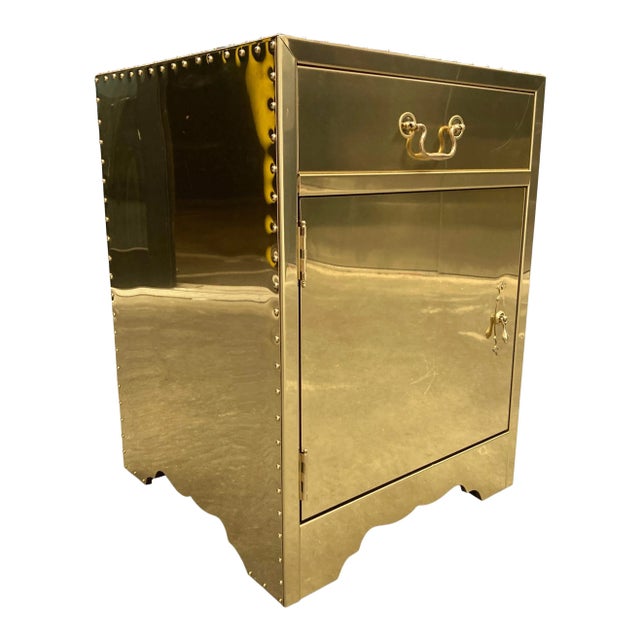 Vintage campaign style brass clad nightstand with single drawer, made in Spain by Sarreid Ltd.