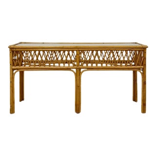 Vintage Coastal Wicker Rattan Console Table Woven Lattice Glass Top Beige Boho For Sale