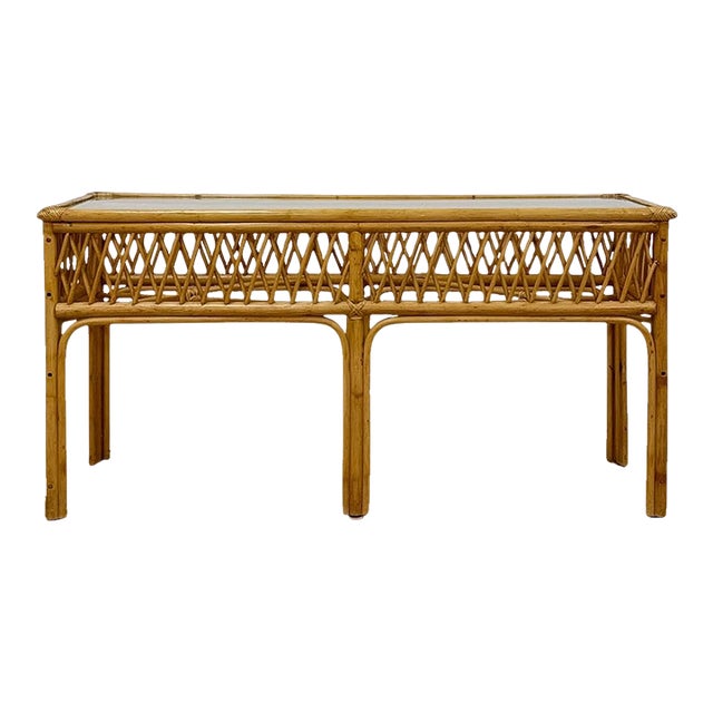 Vintage Coastal Wicker Rattan Console Table Woven Lattice Glass Top Beige Boho For Sale