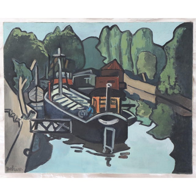 Oil on canvas depicting barges moored on the Seine, in a setting that is both wooded and urban. The artist presents an...