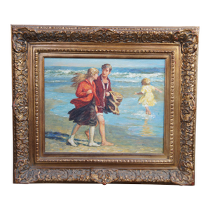 On Brighton Beach Impressionist Beach Scene Oil Painting After Eh Potthast 30"