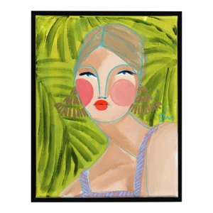 Miss Priss Palms 1 - Framed Original Figurative Abstract Portrait on Green Artwork by Lindsey McCord