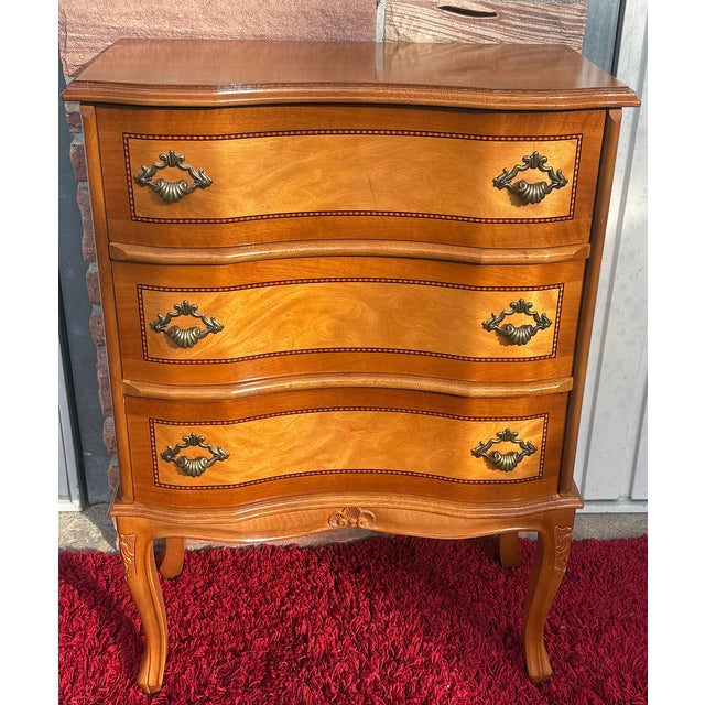 Tan Vintage Wood Three-Drawer Inlaid Chest of Drawers, 1970s For Sale - Image 8 of 12