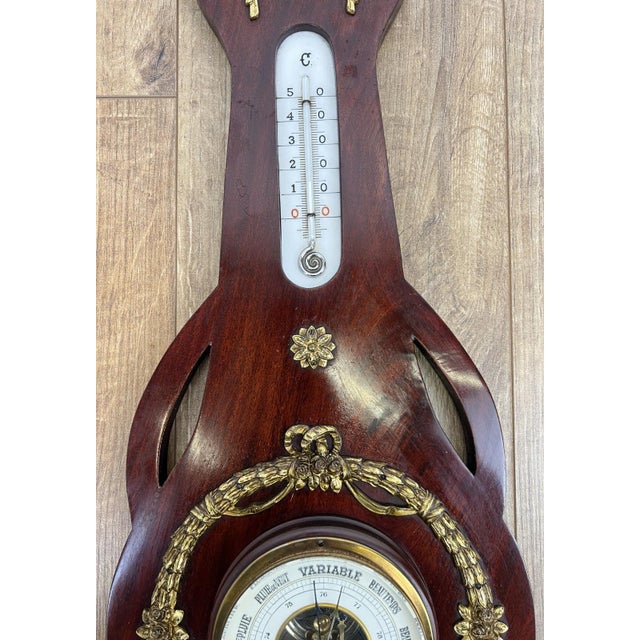 Vintage Brass and Mahogany Wall Barometer For Sale - Image 5 of 11
