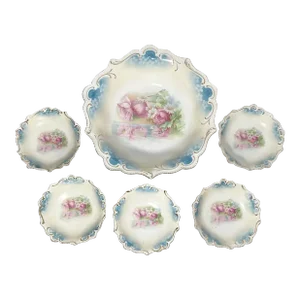 1900s Rs Prussia 6-Piece Blue Porcelain Berry or Fruit Serving Bowl & Individual Bowls