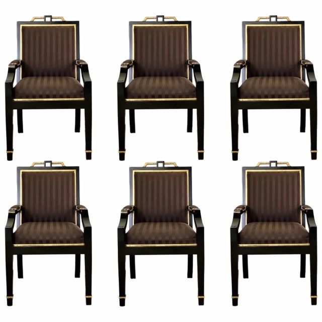 1980s Hollywood Regency Black Lacquer and Satin Dining Armchairs – Set of 8 For Sale - Image 13 of 13