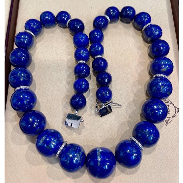 Metal Certified Vintage Lapis Lazuli Single Strand Diamond Necklace 14 Kt White Gold For Sale - Image 7 of 18