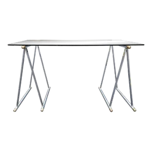 Mid 20th Century Maison Jansen-Attributed Chrome & Brass Sawhorse Smoked Glass Top Writing Table