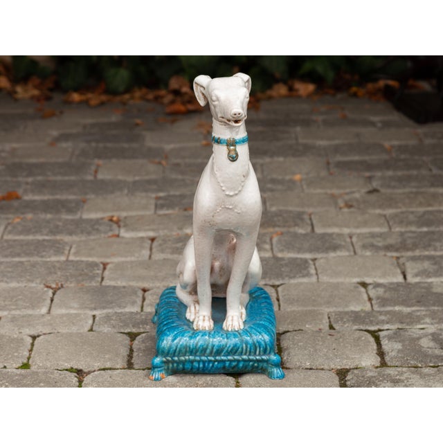 Vintage Italian Midcentury Porcelain Greyhound Dog Sitting on Blue Cushion For Sale - Image 4 of 11