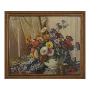 Early 20th Century Summer Floral Still Life - Zinnias, Delphiniums, Corn Flowers by Volney Richardson