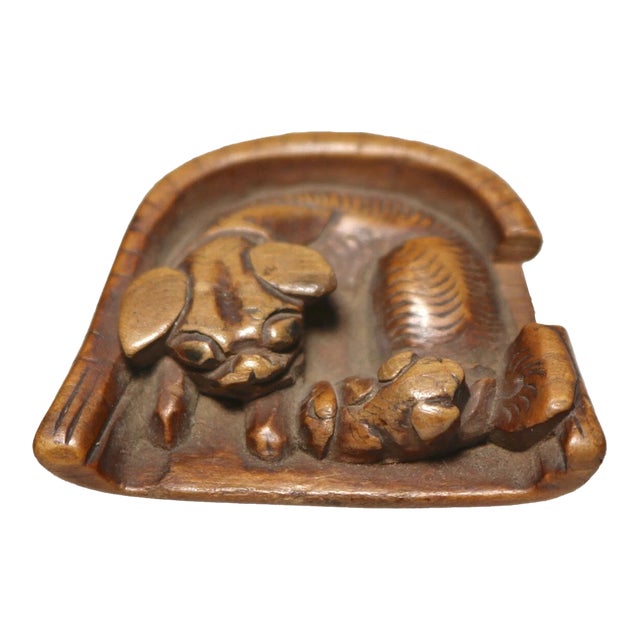 Rare Antique Handmade 1800's Japanese Foo Dogs Boxwood Inro Netsuke Carved Wood For Sale