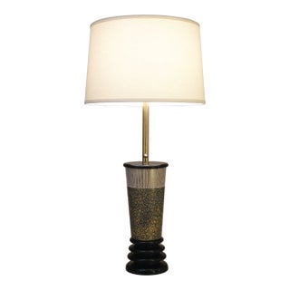 1950s Marbro Atomic Modern Charleton Hand Painted Art Glass Brass Wood Table Lamp One-of-a-Kind Sublime Condition For Sale