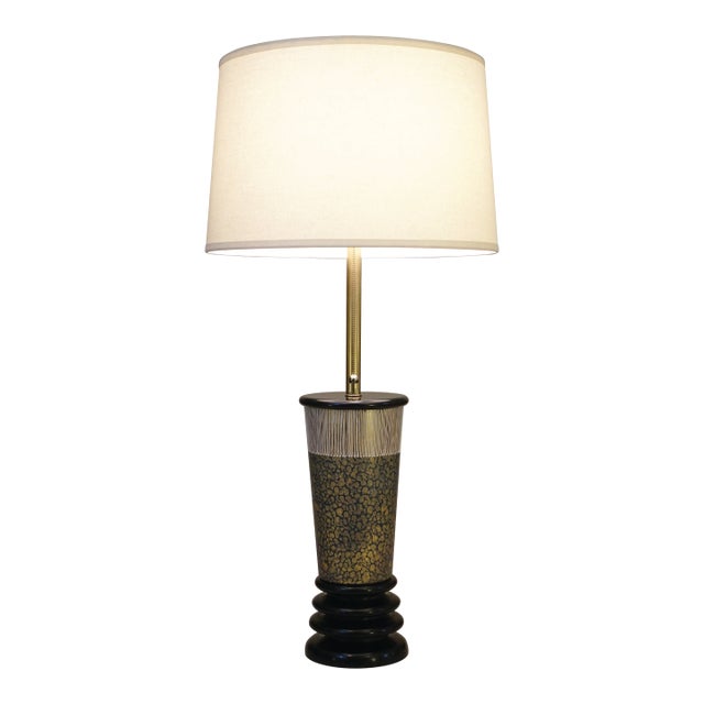 1950s Marbro Atomic Modern Charleton Hand Painted Art Glass Brass Wood Table Lamp One-of-a-Kind Sublime Condition For Sale