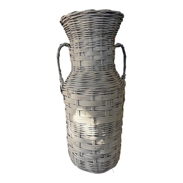Vintage Boho White Wicker Rattan Tall Floor Vase For Sale