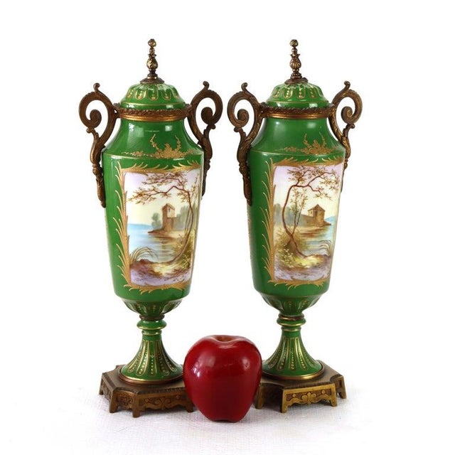 Pair Antique Limoges Porcelain & Ormolu Covered Urns With Genre Scenes C1890 For Sale - Image 6 of 8