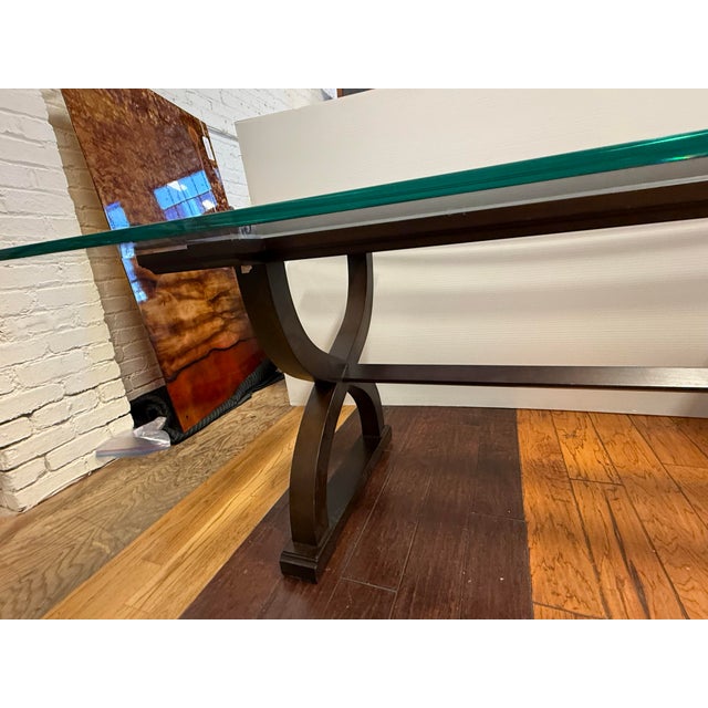 Contemporary Sculptural Trestle Wood + Glass Dining Table For Sale - Image 12 of 12