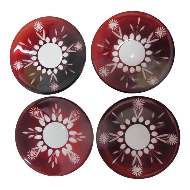 Vintage Bohemian Glass Ruby Red Daisy Flower Crystal 6 3/4" Dessert Plate Set For Sale