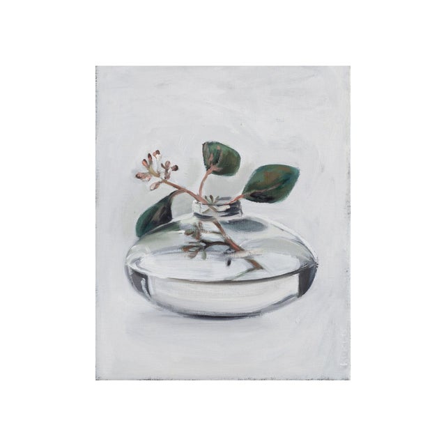 About the painting: this artwork presents a serene composition centered on a simple yet elegant glass vase, partially...