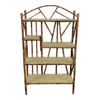 Vintage Scorched Bamboo Tiered Shelf With Grasscloth Liner For Sale