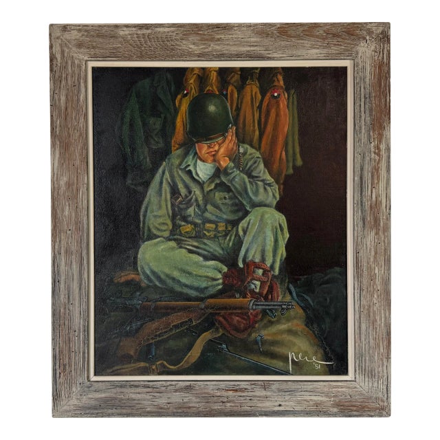 1950's Louis Pere Seated Soldier Portrait Oil Painting, Framed For Sale