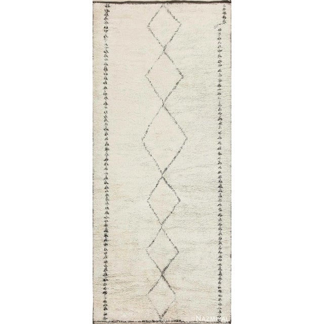 Magnificently Soft and Tribal Ivory and Black Vintage Moroccan Beni Ourain Shag Rug, Origin: Morocco, Circa: Mid-20th Century