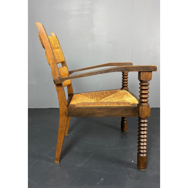 Brutalist Turned Oak and Rush Armchair in the style of Charles Dudouyt, France, 1950s For Sale - Image 16 of 18
