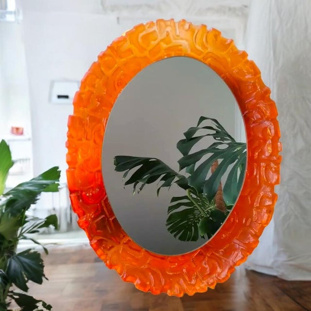 Large Mid-Century German Modern Oval Orange Acrylic Backlit Wall Mirror Light attributed to Hillebrand, 1970s For Sale - Image 4 of 13