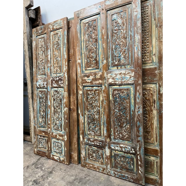 Antique Blue Floral Carved Closet Door – Rustic Hinged or Sliding Barn Door Panel 80 For Sale - Image 4 of 6