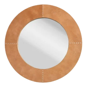 Jamie Young Round Cross Stitch Mirror in Brown Leather, Large