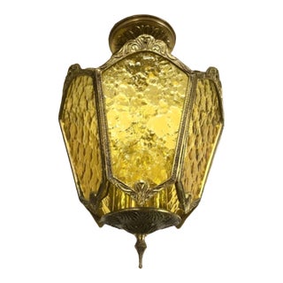 Mid-Century Modern Bronze & Pebbled Glass Ceiling Fixture For Sale