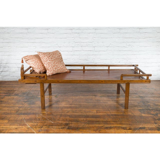 Mid 19th Century 19th Century Chinese Qing Dynasty Elm & Bamboo Seat Daybed with Guardian Lions For Sale - Image 5 of 13