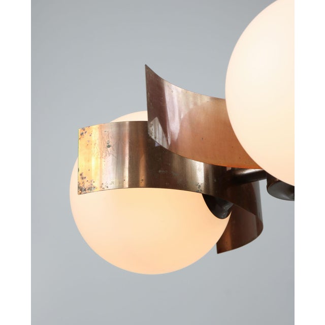 Vintage Italian Copper and Opaline Glass Chandelier For Sale - Image 4 of 18