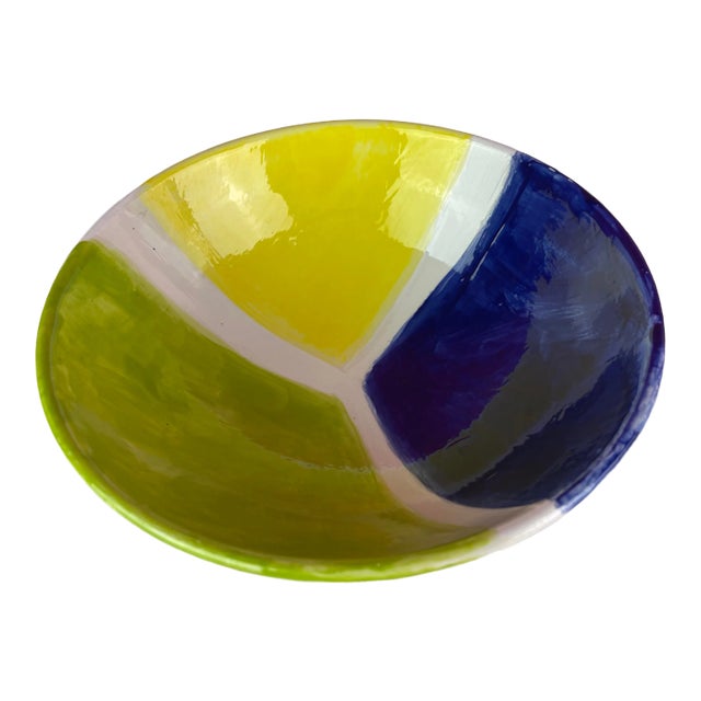 Handcrafted Modern Ceramic Yellow Blue Green Geometric Bowl For Sale