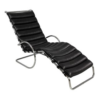 Italian Modern Black Leather and Steel Chaise Lounge by Mies Van Der Rohe for Knoll, 1970s For Sale