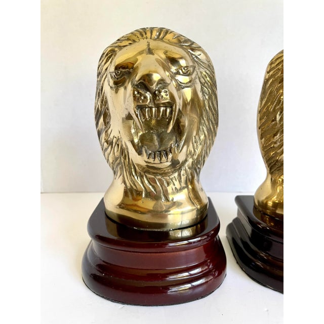 English Vintage Brass and Rosewood Lion Bookends For Sale - Image 3 of 13