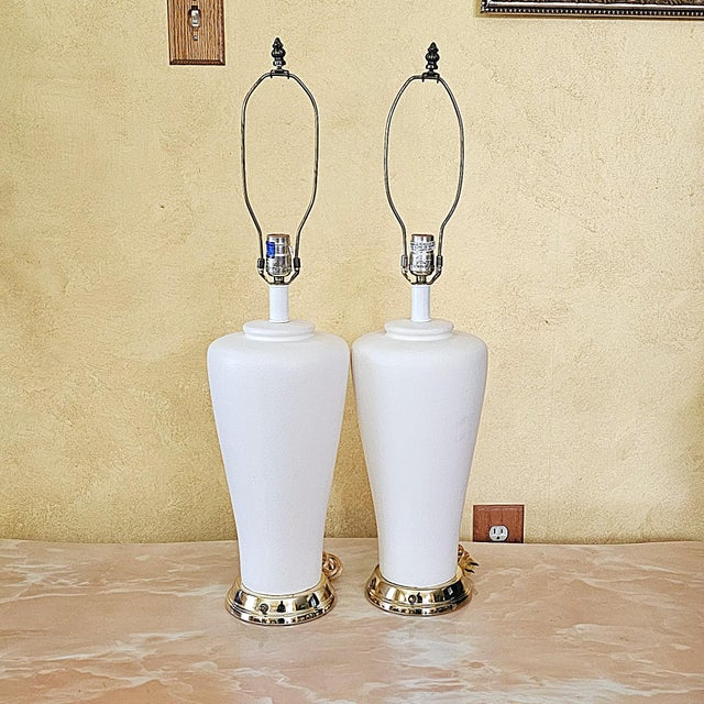 Pair of Vintage White Ceramic Urn Form Table Lamps With Gold Bases and Pleated Shades For Sale - Image 9 of 18