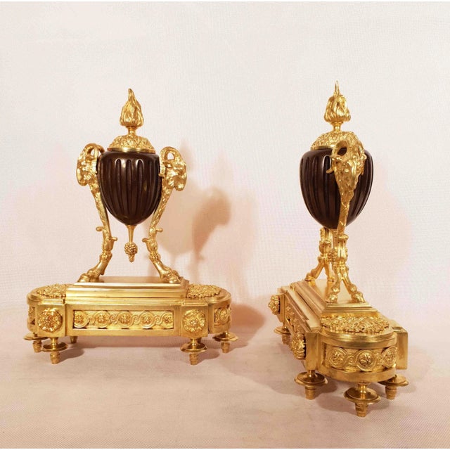 19th Century Louis XVI Gilt Bronze Ram Andirons, Set of 2 For Sale - Image 3 of 16